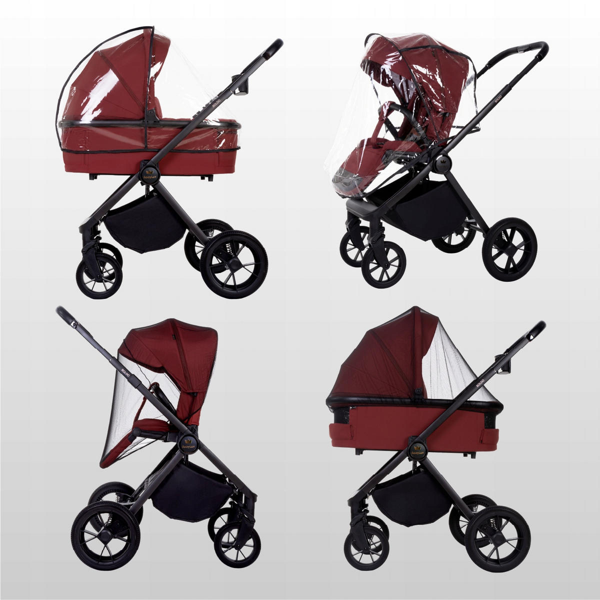 KINDERWAGEN Boldo 3in1 Brownie Babywanne, Buggy Sportsitz, Babyschale I-Size - Weinrot/Schwarz, Textil/Metall (58/98cm) - BabyLux