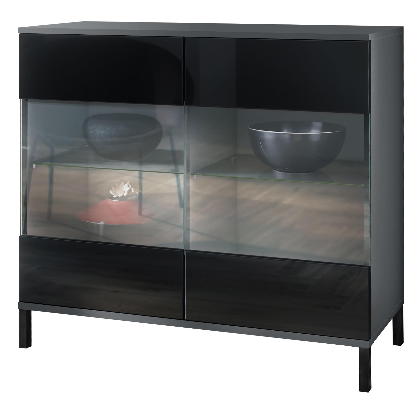 KOMMODE Bari Schwarz Hochglanz - Schwarz Hochglanz, Holzwerkstoff (92.5/83.5/35cm) - Vladon