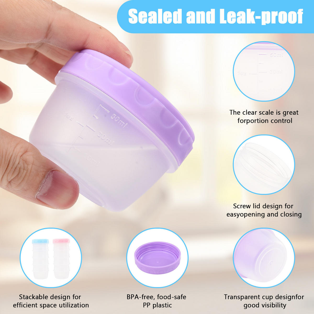 VORRATSDOSEN-SET 12 Stück Mini Saucenbehälter 50ml, PP lebensmittelecht, auslaufsicher, stapelbar, mikrowellenfest für Salatdressing & Babybrei - Transparent, Kunststoff - WoodenAura