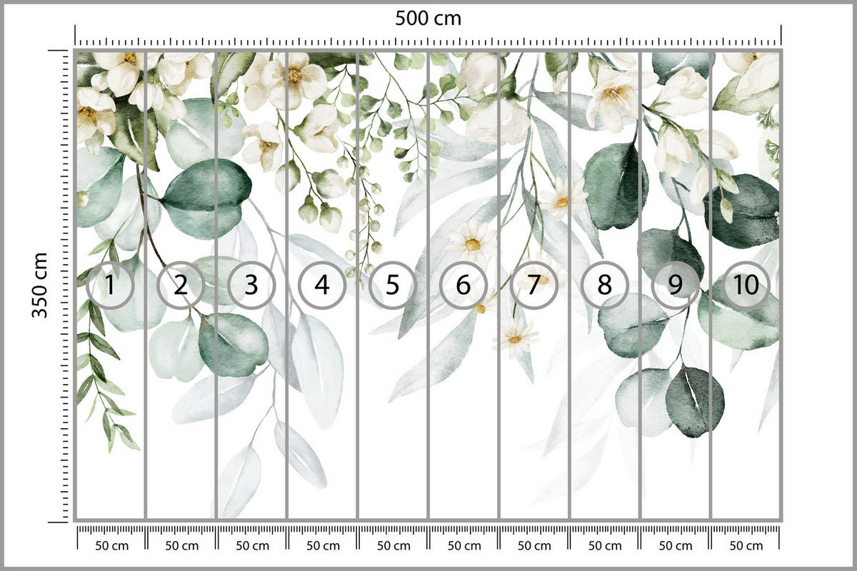 FOTOTAPETE für Schlafzimmer Aquarell Blätter Blumen Weiß 500x350 - Gelb/Weiß, Papier (500/350cm) - Muralo