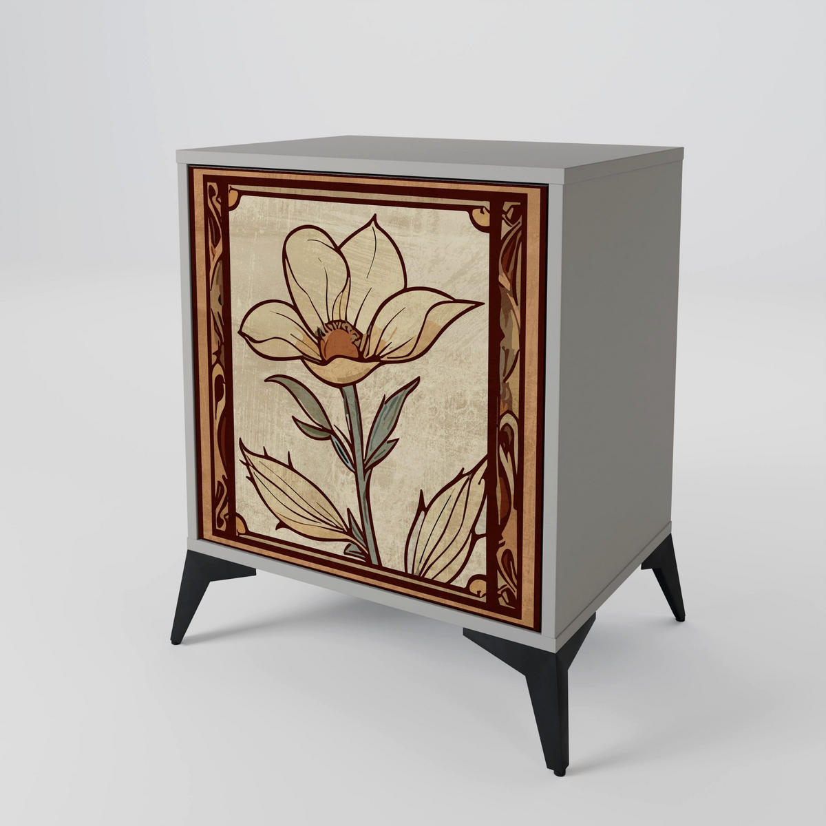 SIDEBOARD TIMELESS FLORA, Grau, 57,5x42x67,5 cm, Schwarze Metall-Rahmenfüße - Multicolor/Schwarz, Holzwerkstoff/Metall (57.5/67.5/42cm) - SpaceRebels