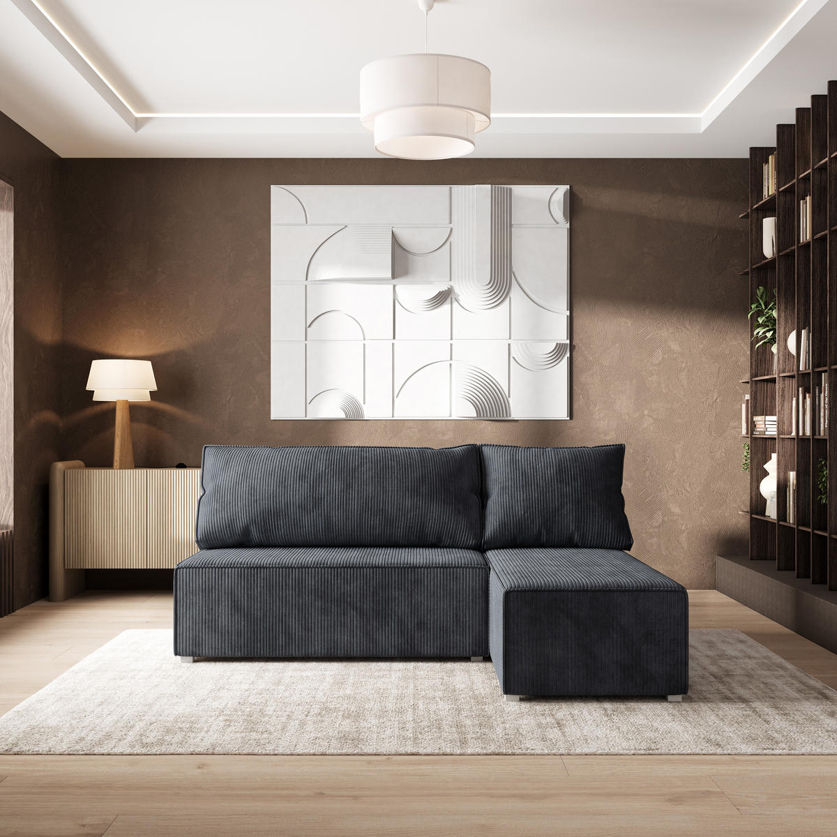 ECKSOFA BRISO P Graphitfarben Kordstoff mit Schlaffunktion - Graphitfarben/Grau, Holz/Kunststoff (200/140cm) - MASSENO