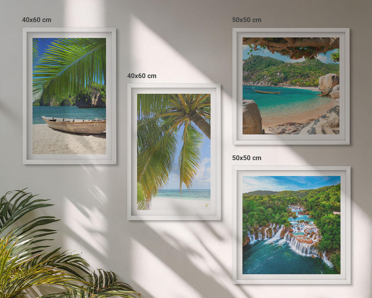 WANDBILDER 4er-Set - 50x50 cm & 40x60 cm Weißer Rahmen - Strand, Boot, Wasserfälle, Palmen - Weiß, Kunststoff (50/50cm) - ArtPrintCave