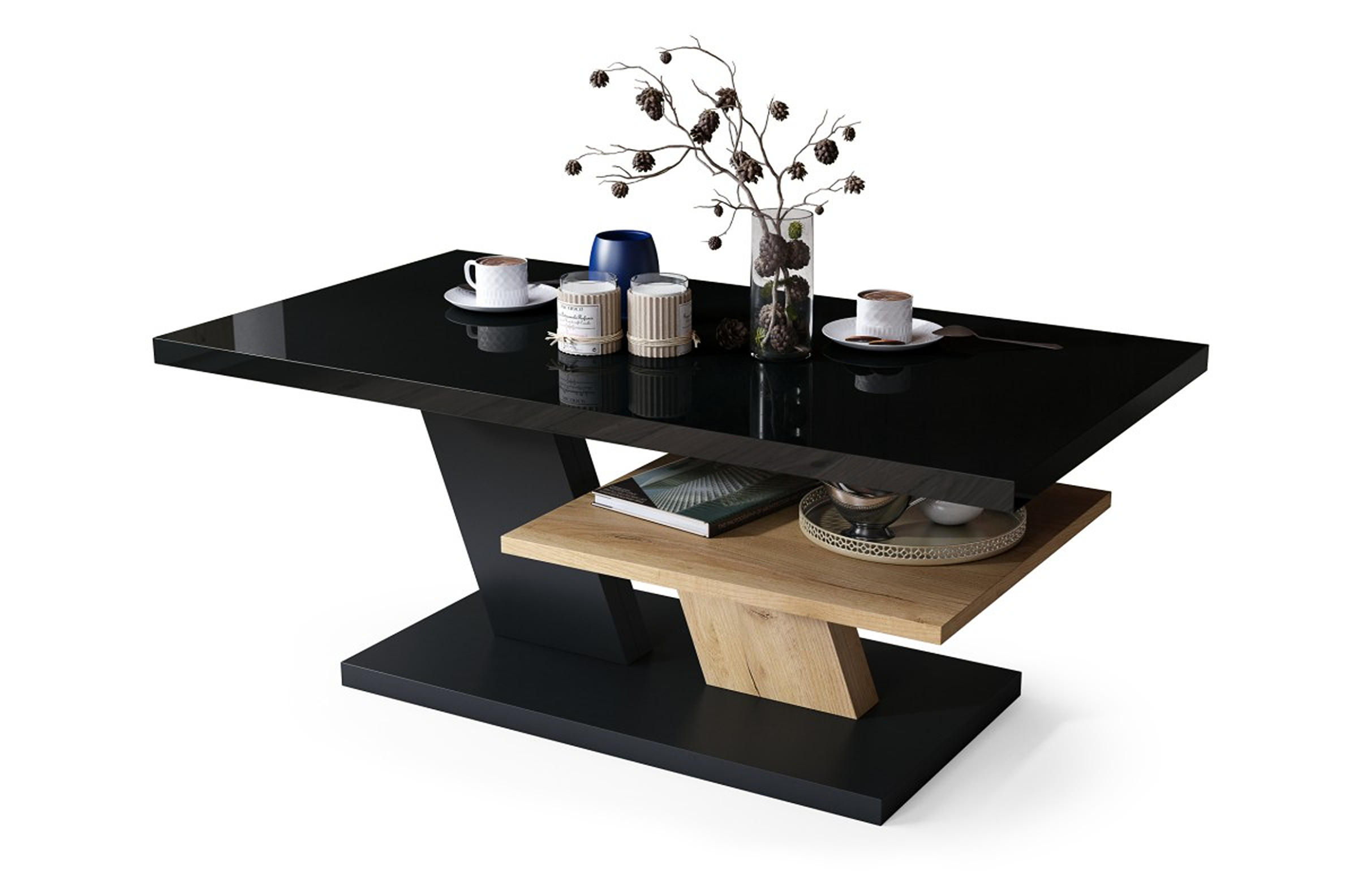 COUCHTISCH rechteckig Schwarz Hochglanz - Eiche Gold mit Ablage - Schwarz Hochglanz/Eichefarben, Holzwerkstoff (60/110/45cm) - designimpex