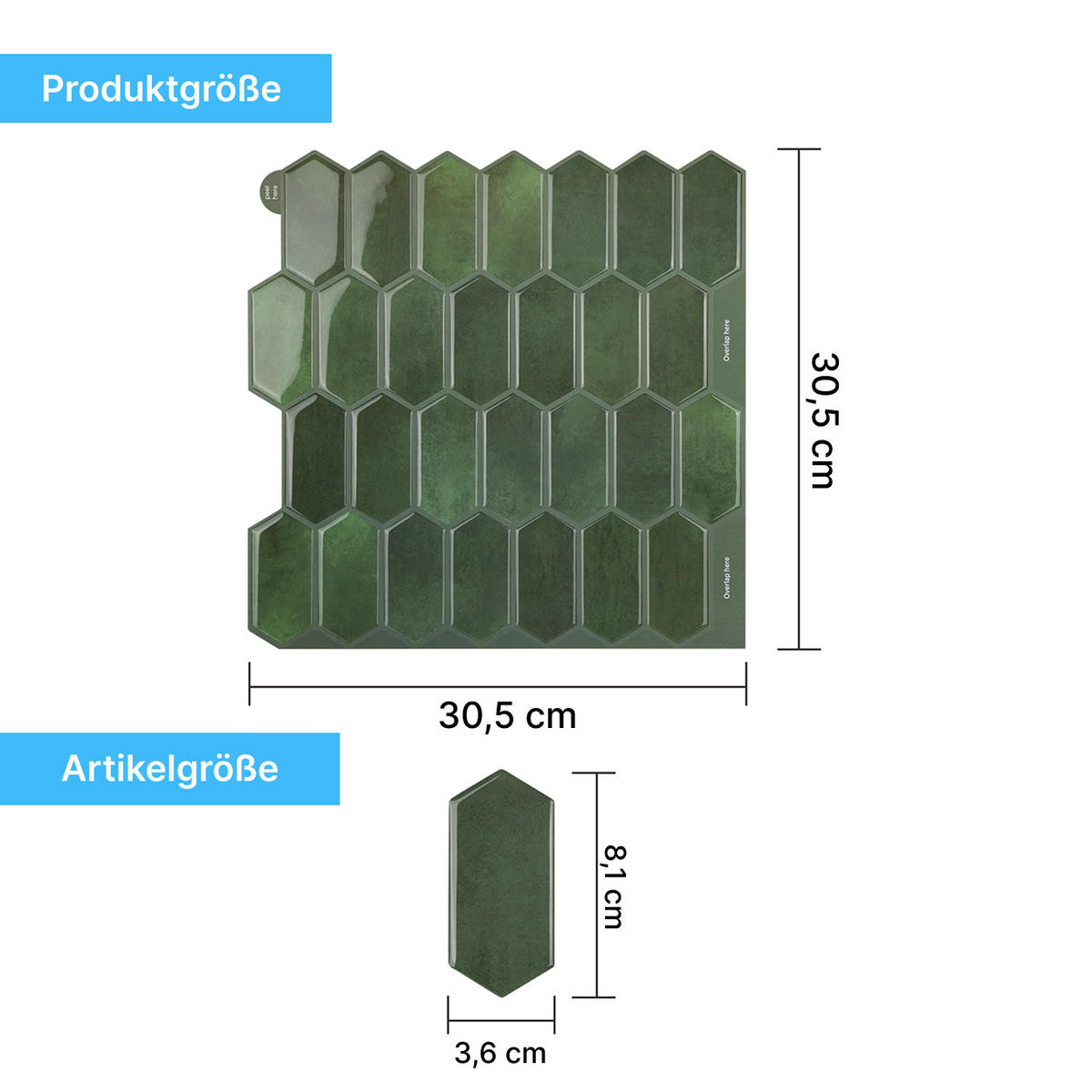 FLIESENAUFKLEBER 1 Stück 30,5 x 30,5 cm Selbstklebende Fliesen - Pera Verde - Grün, Kunststoff (30.5/0.12/30.5cm) - Mazovia