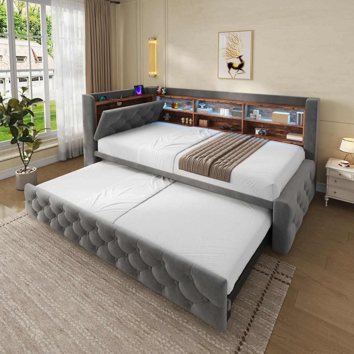 TAGESBETT Ausziehbar 90/180x190cm, Samt, LED/USB/Stauraum, Dunkelgrau - Dunkelgrau, Holz/Textil - LVHOM