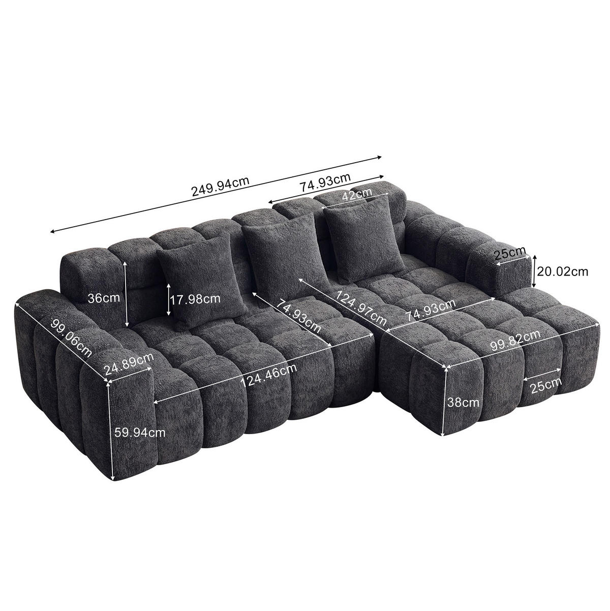 ECKSOFA 249,94/124,97/59,94 cm anthrazit aus Samtstoff mit Algenstruktur modular und bequem - Anthrazit, Textil (249.94/124.97cm) - OKWISH