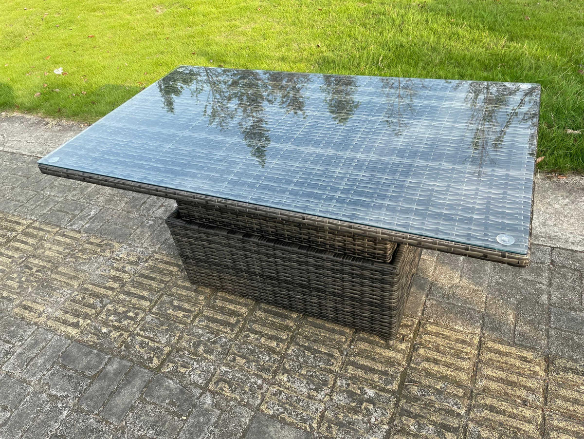 GARTENMÖBEL HÖHENVERSTELLBARER ESSTISCH SET Polyrattan Outdoor 7-Sitzer - Dunkelgrau/Grau, Glas/Kunststoff - Fimous