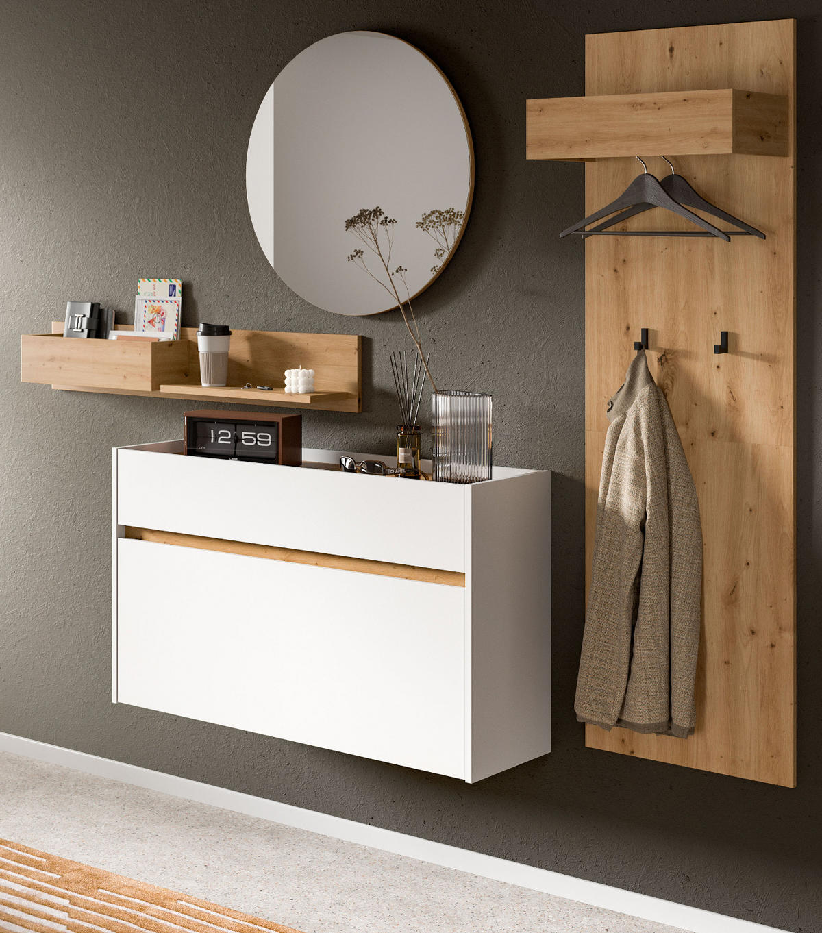 GARDEROBEN-SET weiß, Eiche Artisan 205 cm 4-teilig, Garderobenschränke hängend - Weiß/Eiche Artisan, Glas/Holzwerkstoff (205/197/32cm) - Inn.Furn