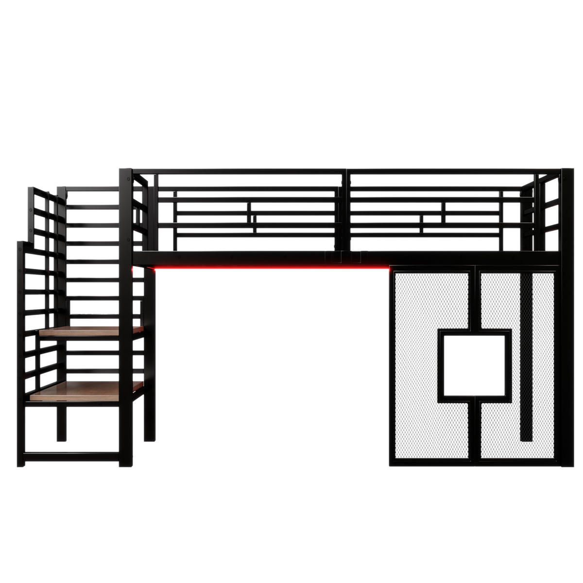 HOCHBETT 90/200 cm mit Stauraumtreppe, LED-Beleuchtung und Fenstern aus Metall, Schwarz - Schwarz, Metall (90/200cm) - Redom