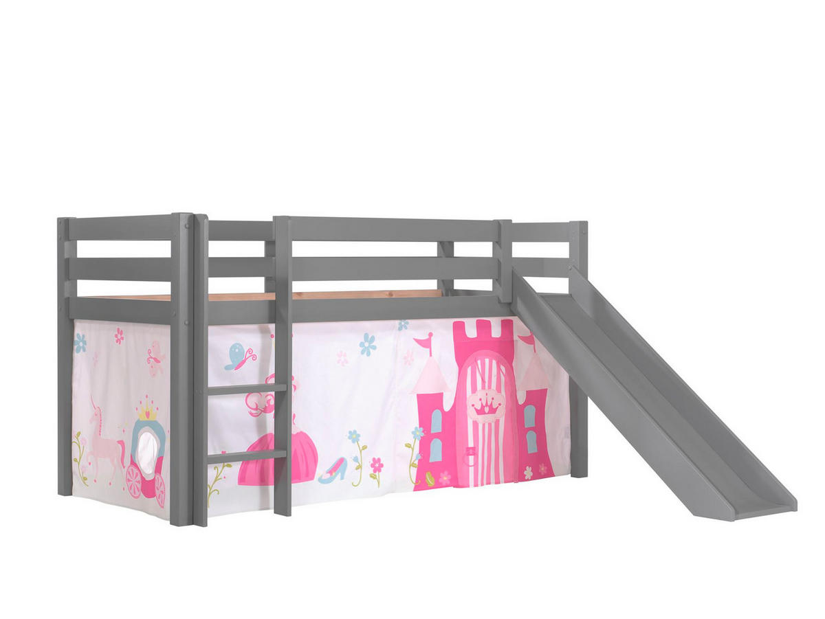 HOCHBETT mit Rutsche Karolina Massivholz Grau Textilset Princess 1 - Magenta/Grau, Holz (90/200cm) - 58aufmkessel
