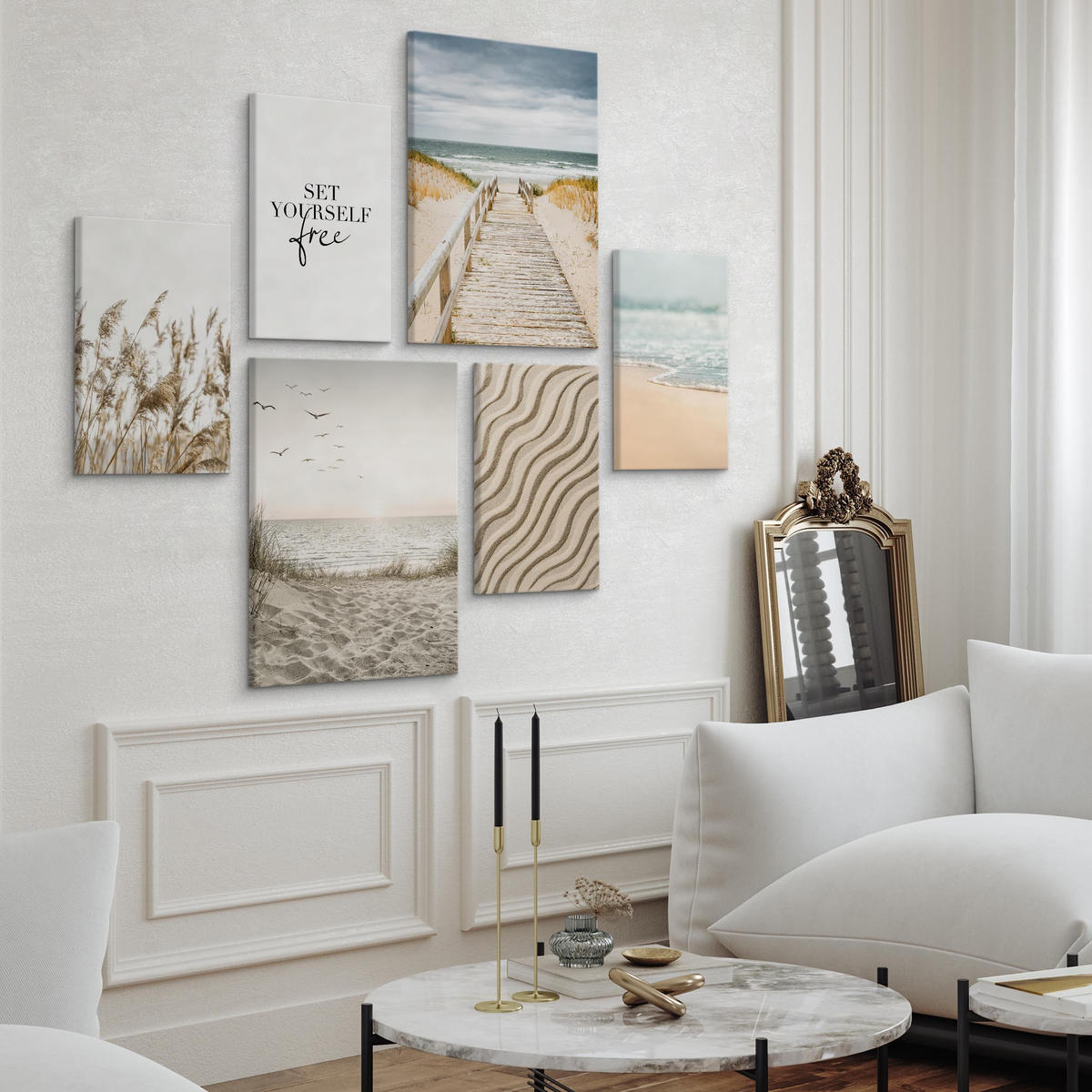 LEINWANDBILDER 6-er Set Strand Meer 3D - Blau/Beige, Textil (90/80cm) - Muralo