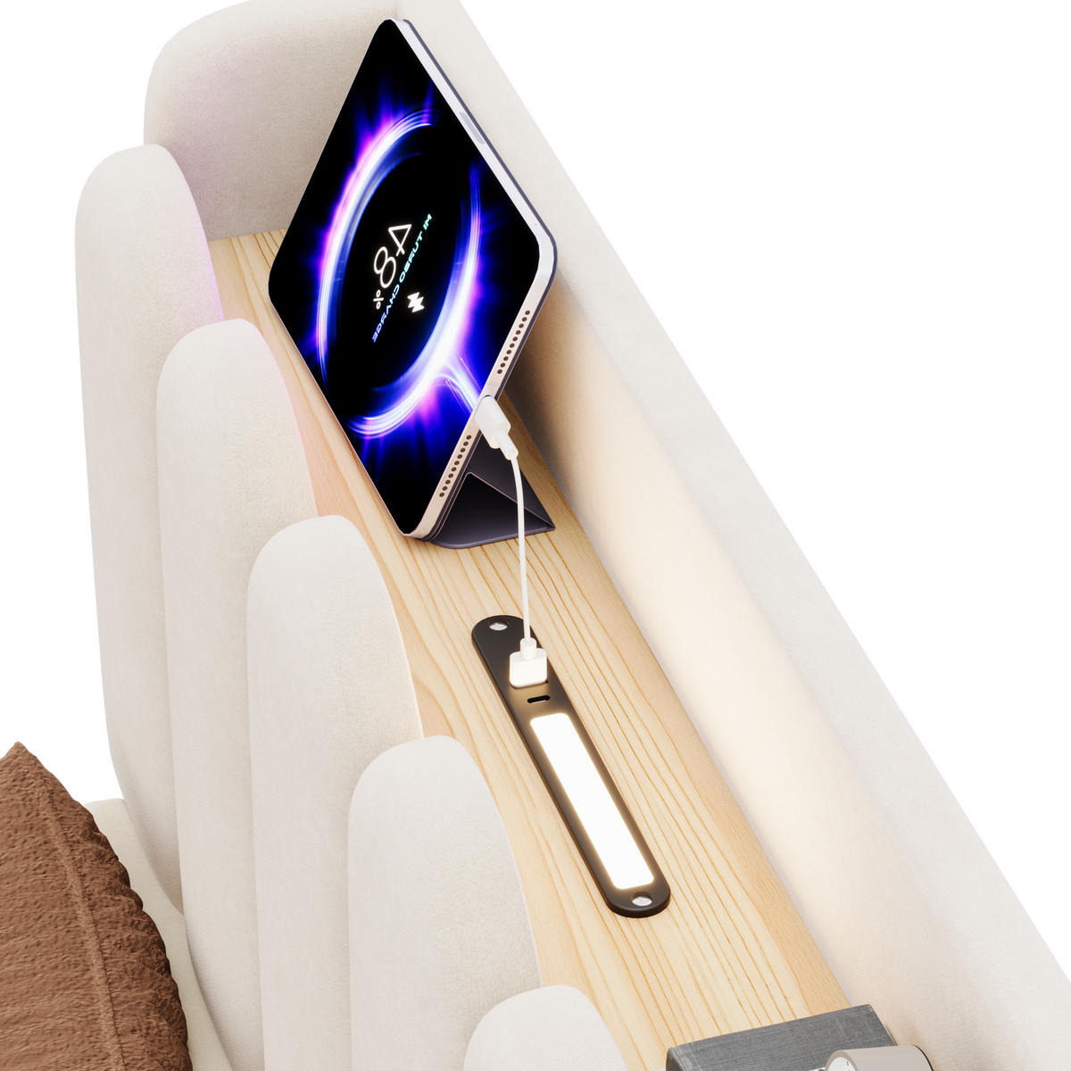 KINDER-POLSTERBETT 90x200 cm in Beige mit USB-/Type-C-Anschlüssen und Nachtlicht - Beige, Textil (90/200cm) - IVMEU