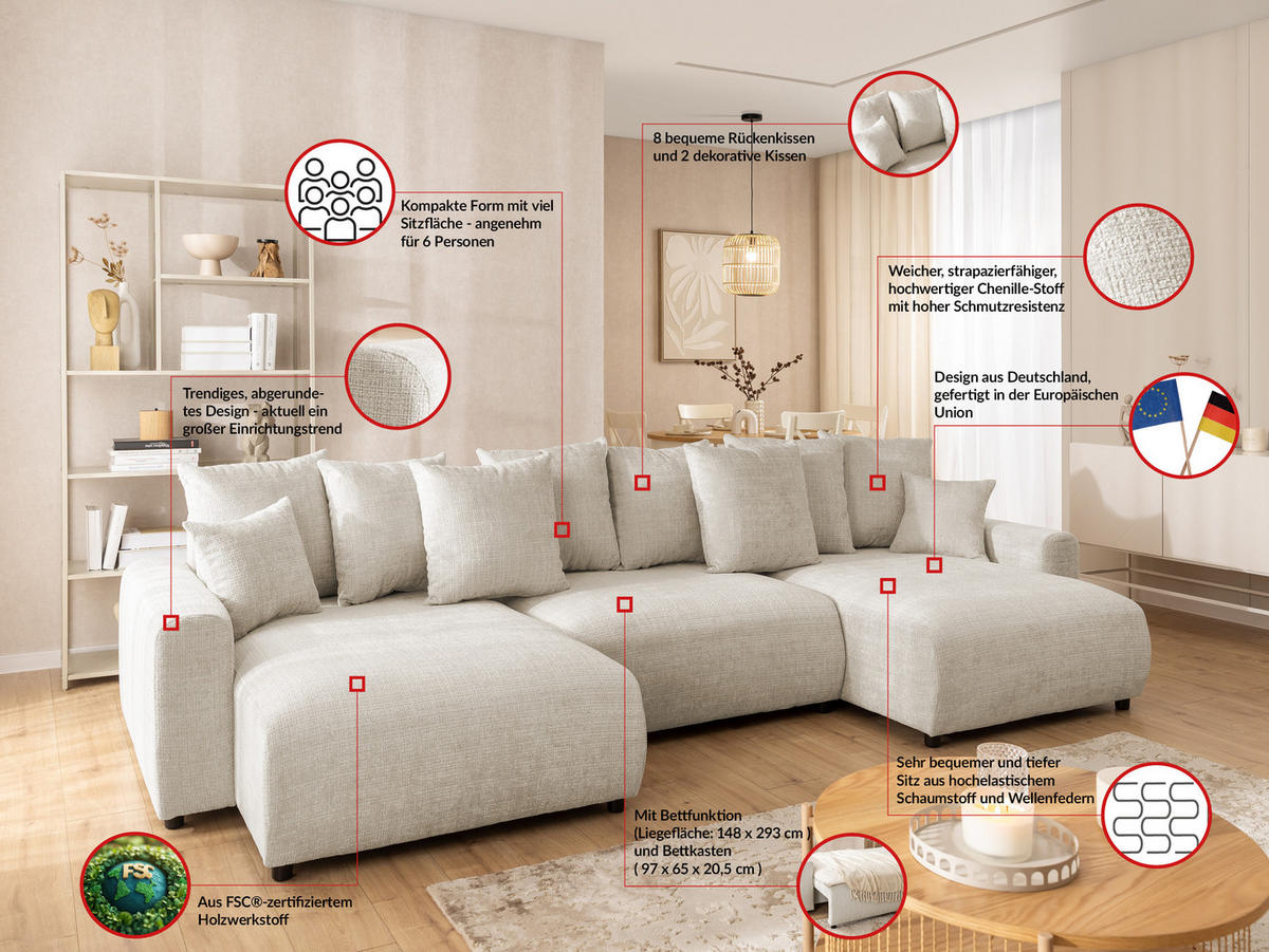 WOHNLANDSCHAFT Calma mit Schlaffunktion und Bettkasten im Bumpy-Design aus weichem Beige Chenille-Stoff - Beige/Schwarz, Holz/Kunststoff (336/88/140cm) - S-Style Möbel