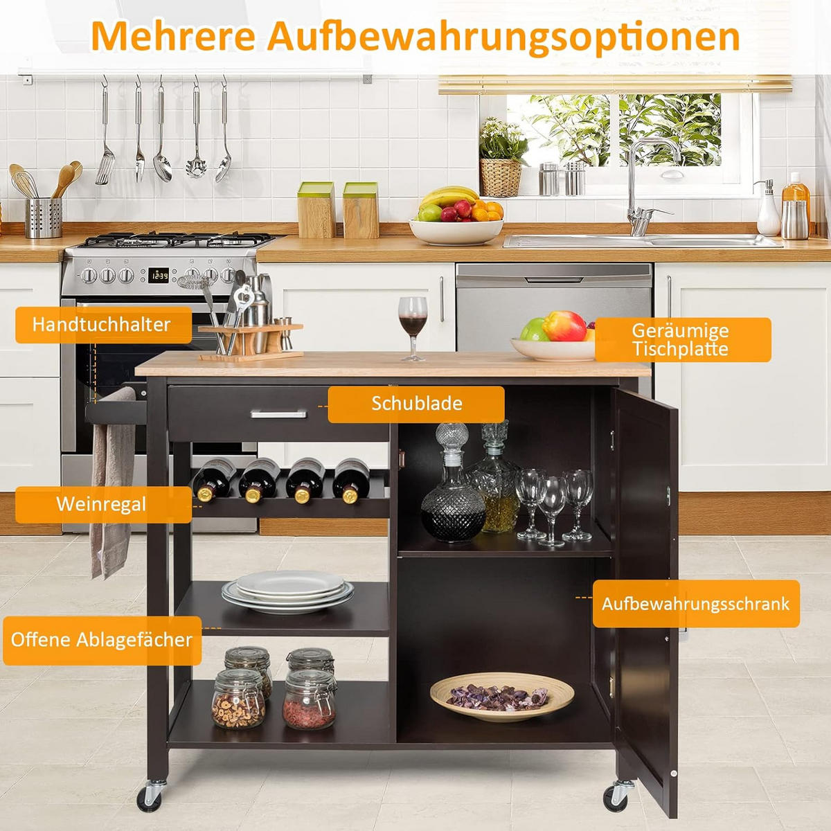 KÜCHENWAGEN mobile kücheninsel Braun - Braun, Holz (48/90/100cm) - COSTWAY