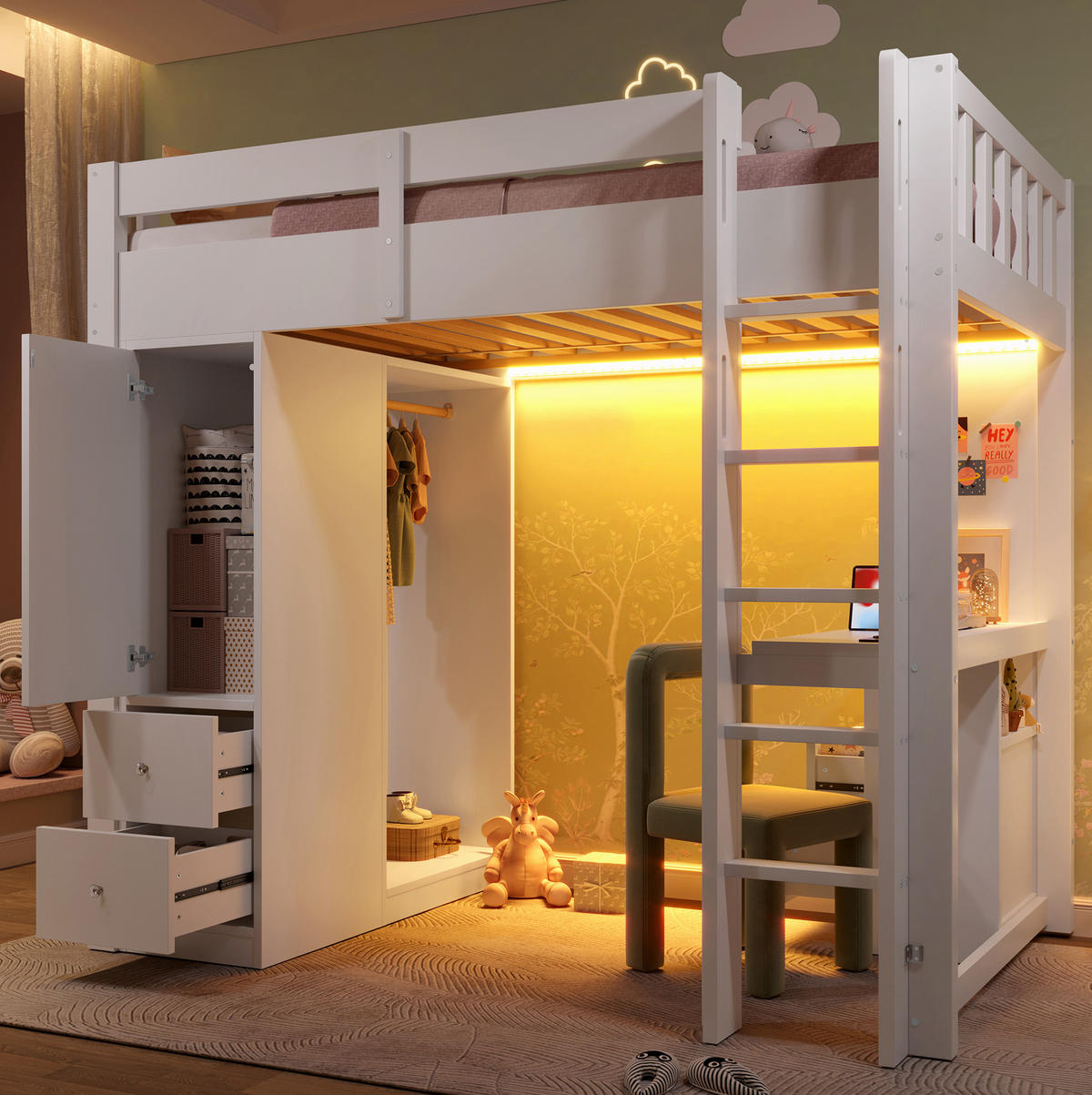 HOCHBETT 90/200 cm weiß aus Massivholz und MDF mit Schreibtisch und LED - Weiß, Holzwerkstoff (90/200cm) - OKWISH