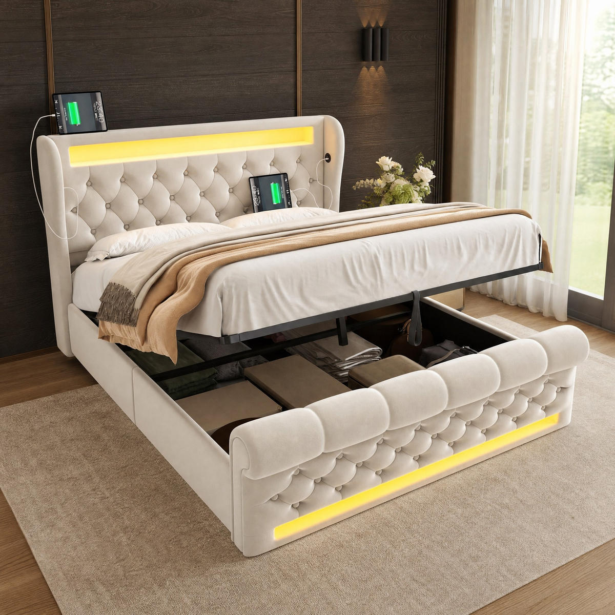 POLSTERBETT 140/200 mit Bettkasten LED-Leuchten, in Beige - Beige, Holzwerkstoff/Textil (140/200cm) - EVRYAE
