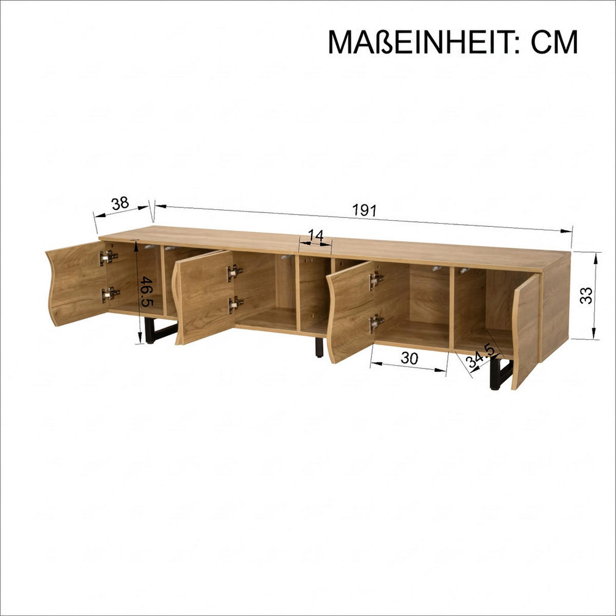 TV-SCHRANK 191/38/46,5 cm Natur mit 5 Türen und Metallgestell - Naturfarben, Holzwerkstoff (191/46.5/38cm) - Oxeza