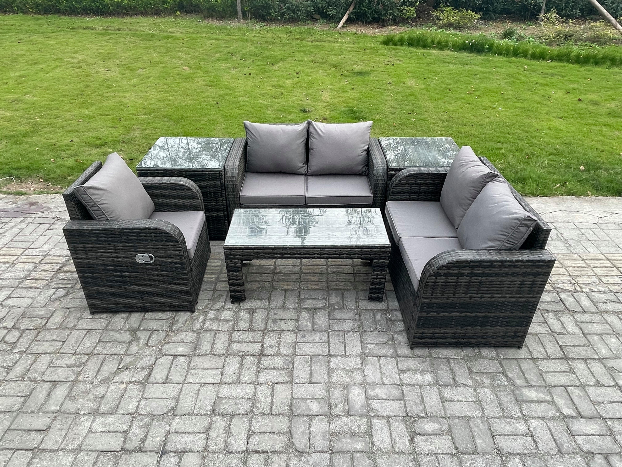 GARTENSOFA SET mit rechteckigem COUCHTISCH Polyrattan 5-Sitzer Dunkelgrau - Dunkelgrau/Grau, Glas/Kunststoff - Fimous