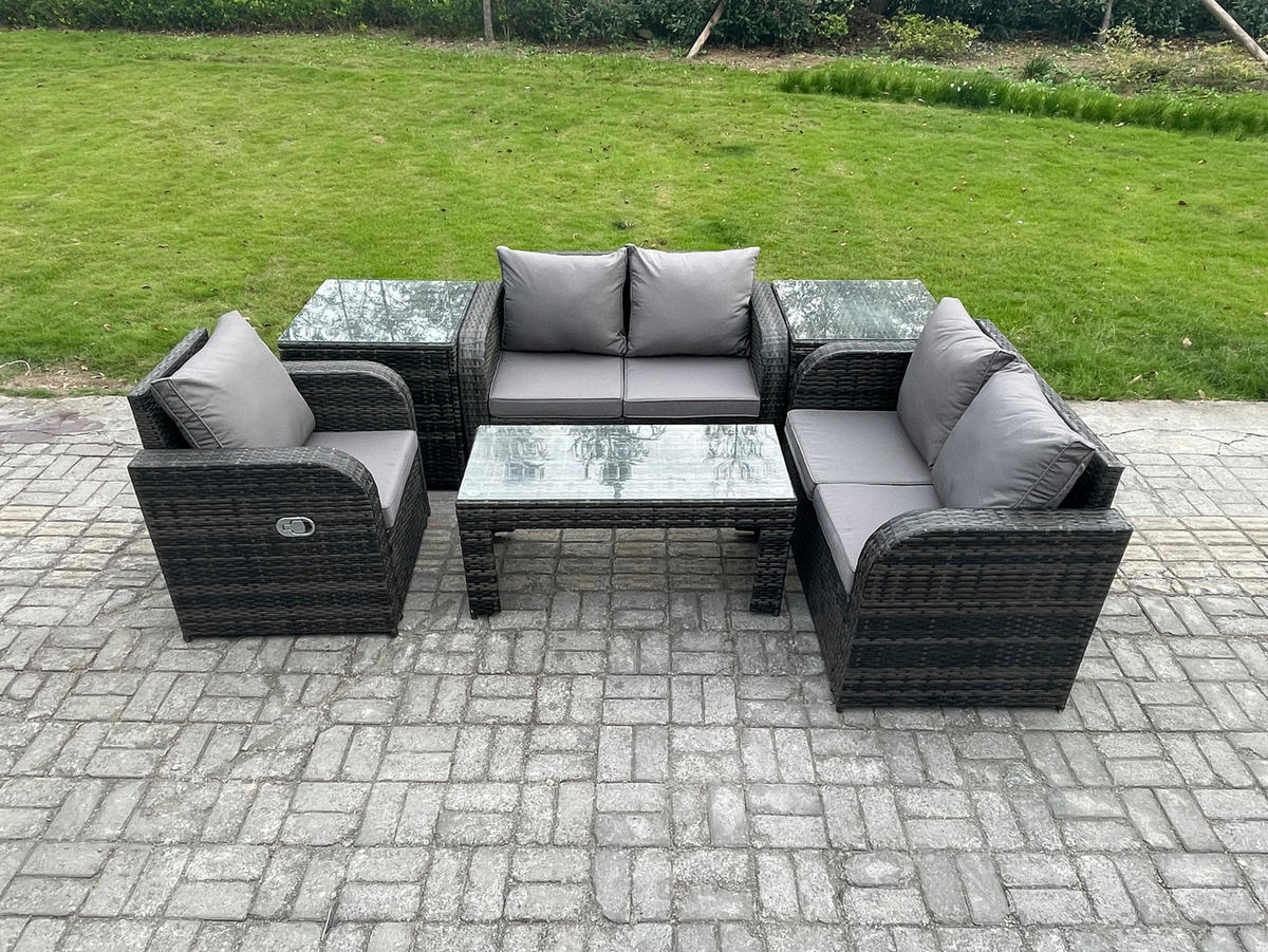 GARTENSOFA SET mit rechteckigem COUCHTISCH Polyrattan 5-Sitzer Dunkelgrau - Dunkelgrau/Grau, Glas/Kunststoff - Fimous