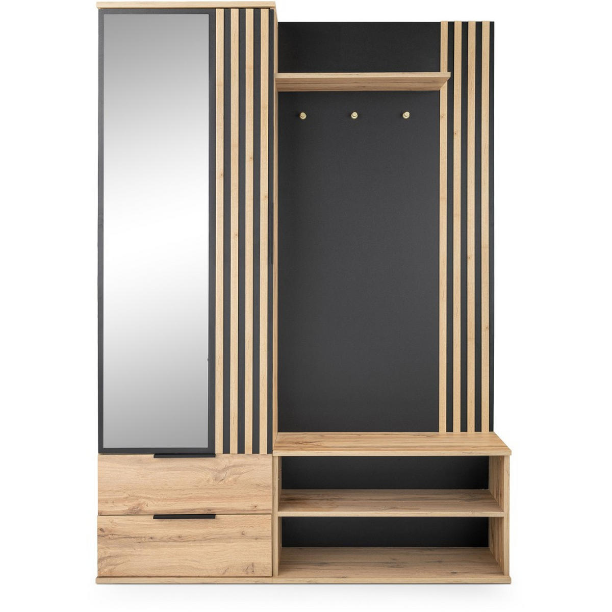GARDEROBENSCHRANK Luno mit Spiegel und 2 Schubladen, eiche Wotan - Eiche Wotan/Schwarz, Holzwerkstoff (140/200/40cm) - Beautysofa