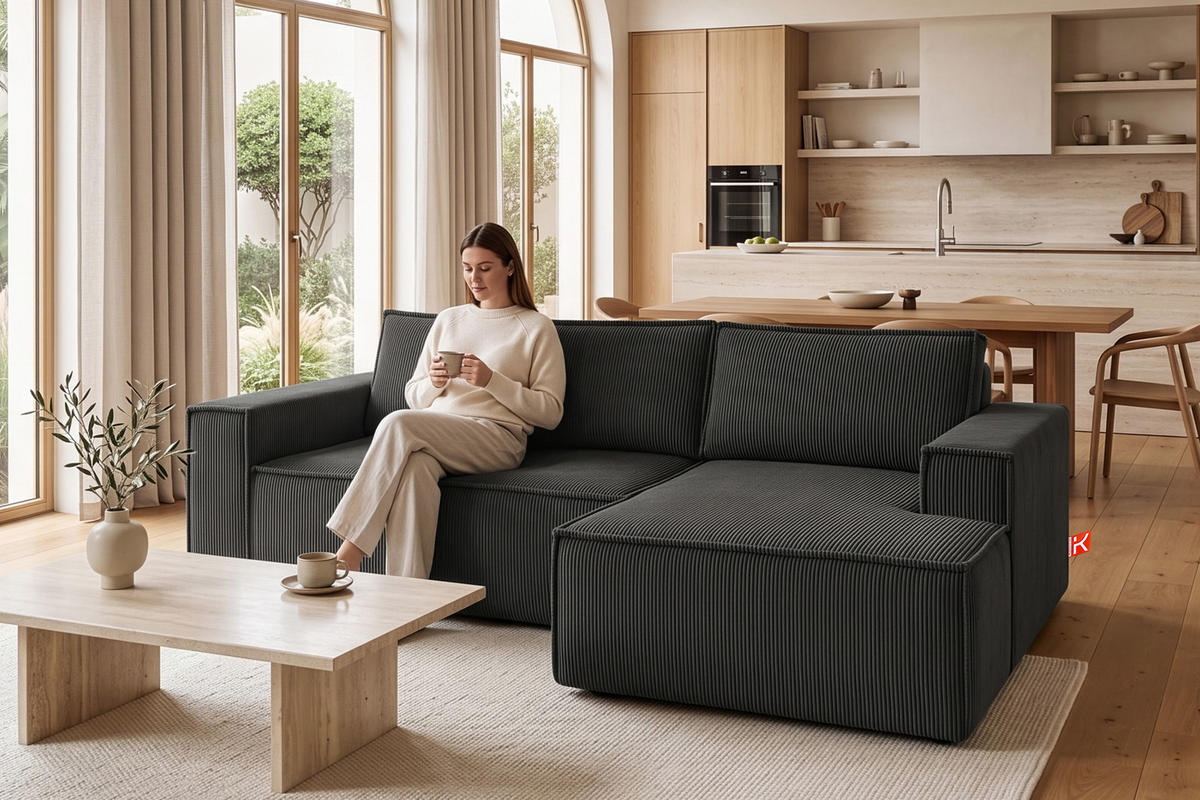 ECKSCHLAFSOFA-RECHTS NAPI in Pet Friendly Cord-Stoff, dunkelgrau - Dunkelgrau/Schwarz, Textil (262/148cm) - KONSIMO®