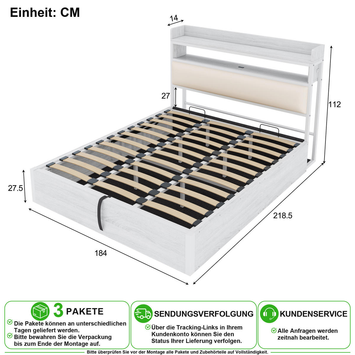 BETT 180/200 cm in Weiß mit Bettkasten, USB und Regal Metall & Holz - Weiß, Holzwerkstoff/Textil (180/200cm) - CHICFURN