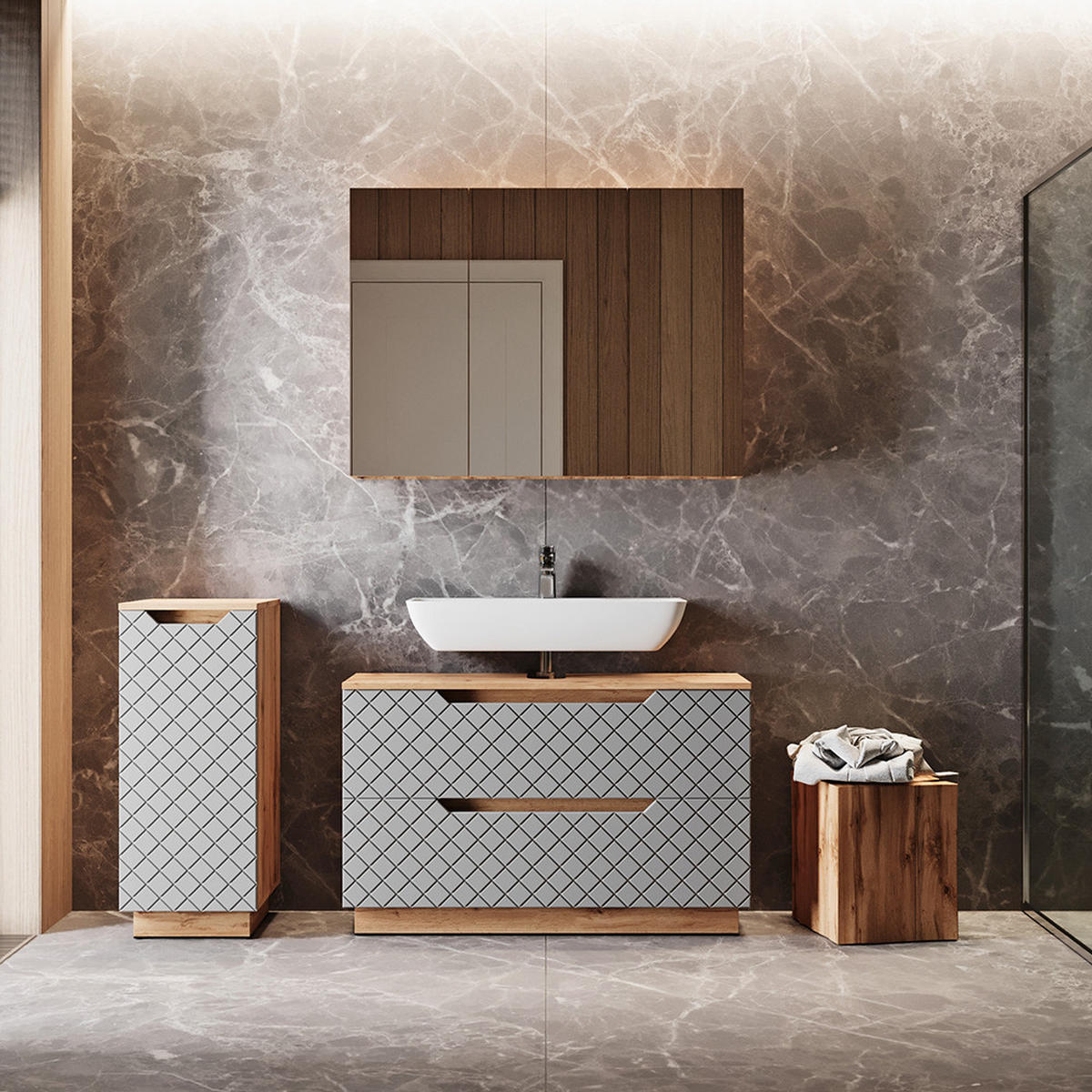 BADMÖBEL-SET Lotta Eiche/Grau mit Kachelstruktur 3 Teile - Grau, Holzwerkstoff (99.4/62.5/32cm) - Vicco