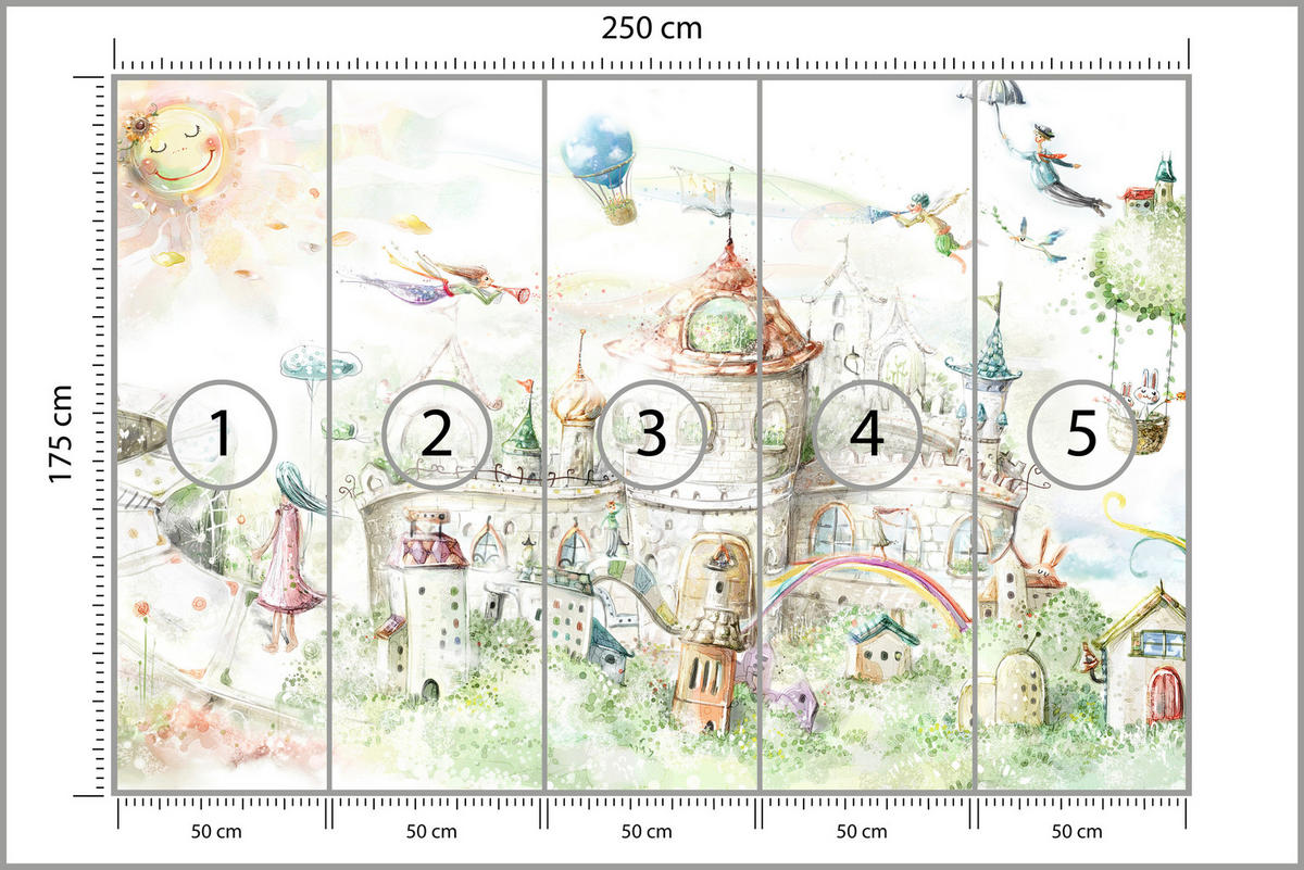 FOTOTAPETE für Kinderzimmer Märchenstadt Schloss Magisch 250x175 - Blau/Gelb, Papier (250/175cm) - Muralo