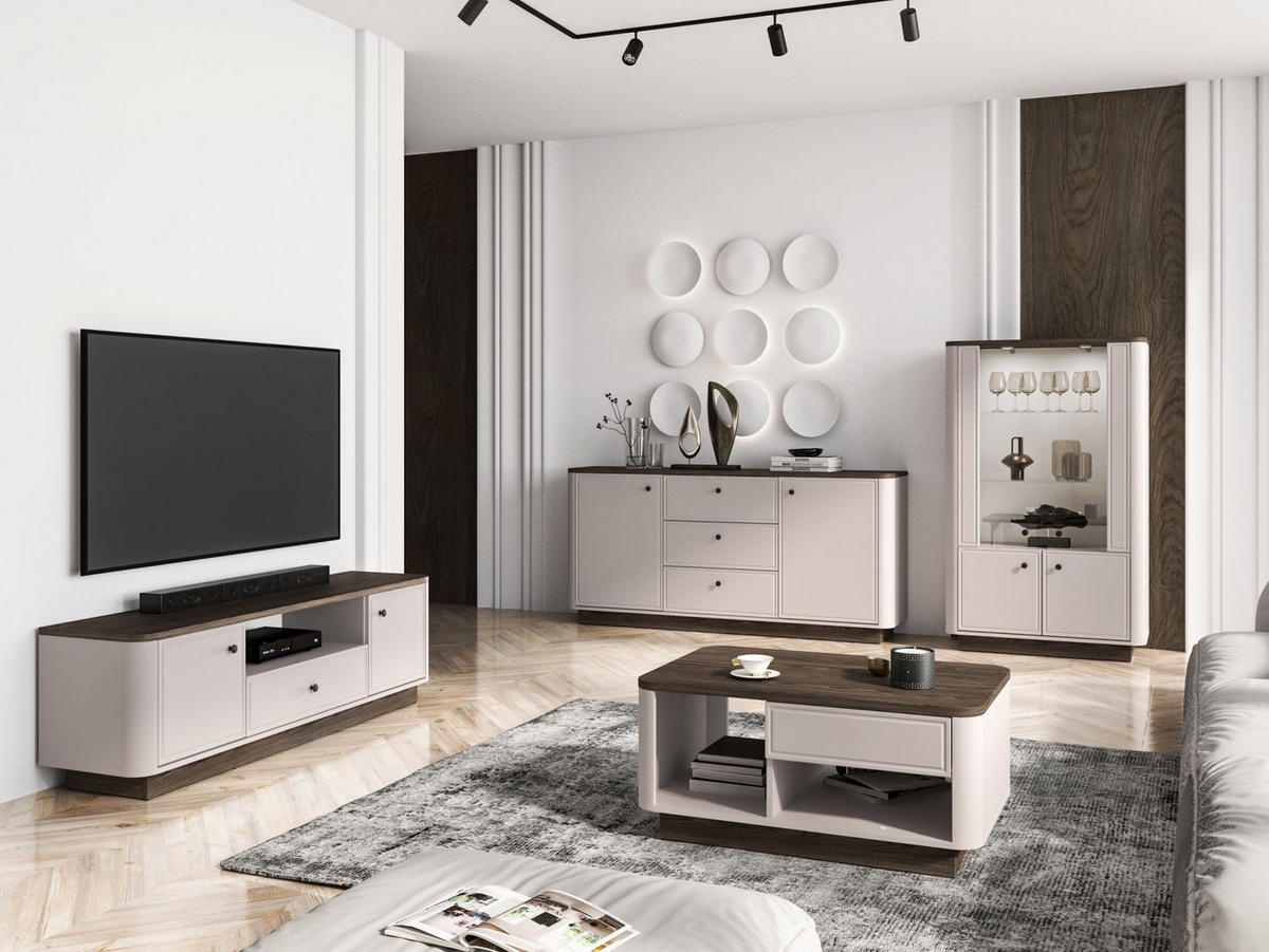 VITRINE Vilavio 4-türig Kaschmirgrau/Eichenoptik 92 cm - Taupe/Dunkelbraun, Holzwerkstoff (91.6/141.5/40cm) - Selsey