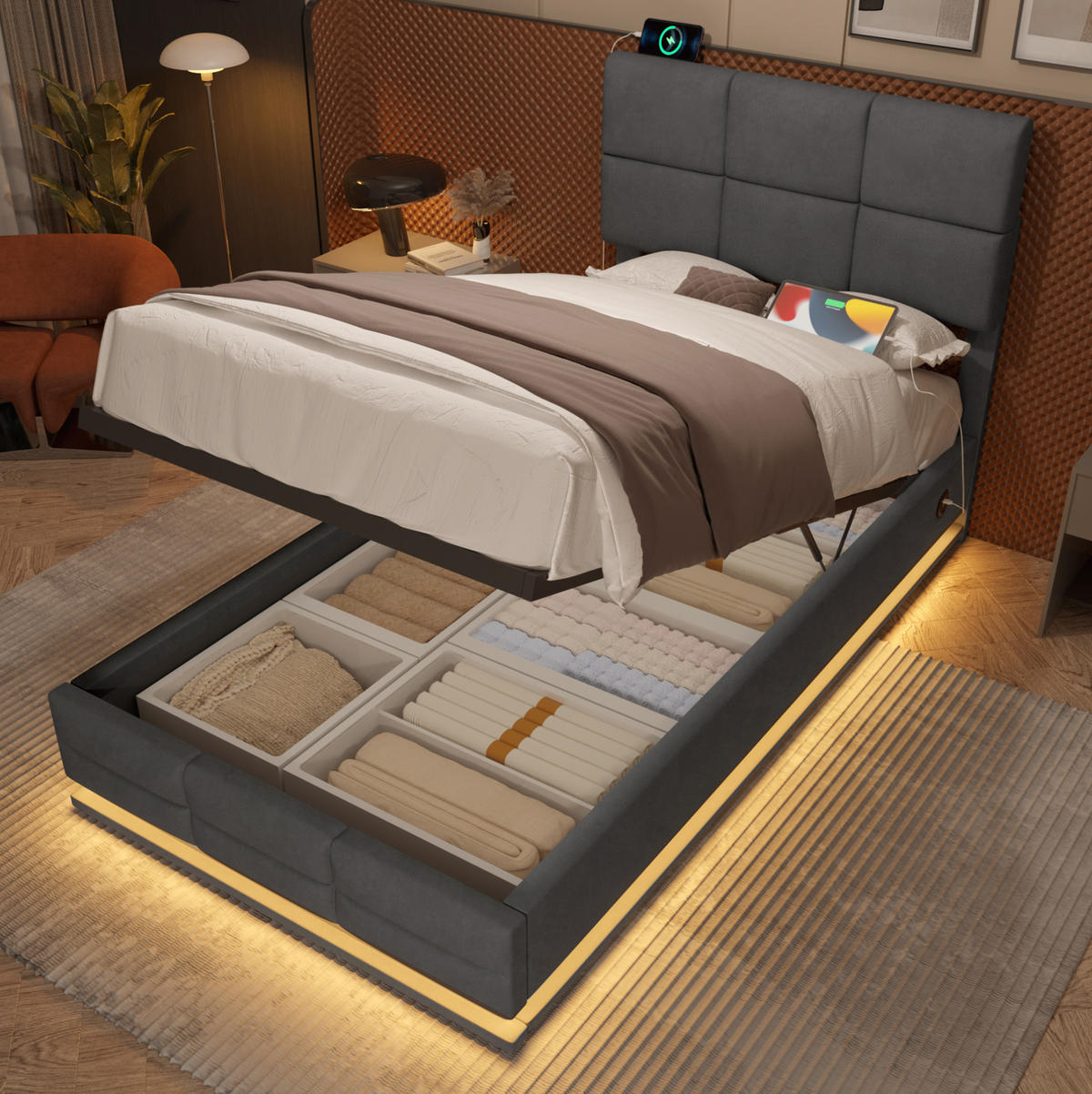 BETT mit Stauraum und LED 90x200 cm Samt Dunkelgrau - Dunkelgrau, Metall (90/200cm) - Meubliv
