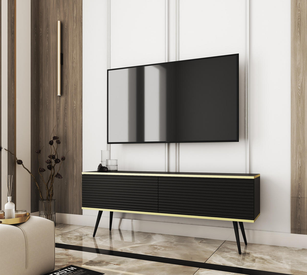TV-BOARD FORNO (Schwarz, Rillenfront, Goldene Details, 2 Klapptüren, schwarze Metallfüße, 135 cm) - Schwarz, Holz/Holzwerkstoff (135/53/32cm) - Ravio