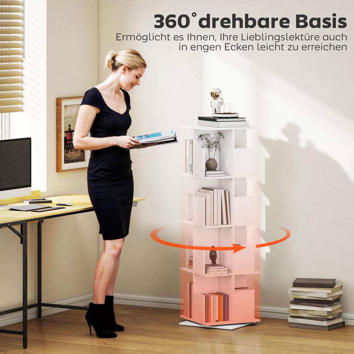 BÜCHERREGAL Drehbares Standregal mit 4 Ebenen, 16 Fächer, 39x39x128,3cm, Weiß - Weiß, Holzwerkstoff (39/128.3/39cm) - HOMCOM