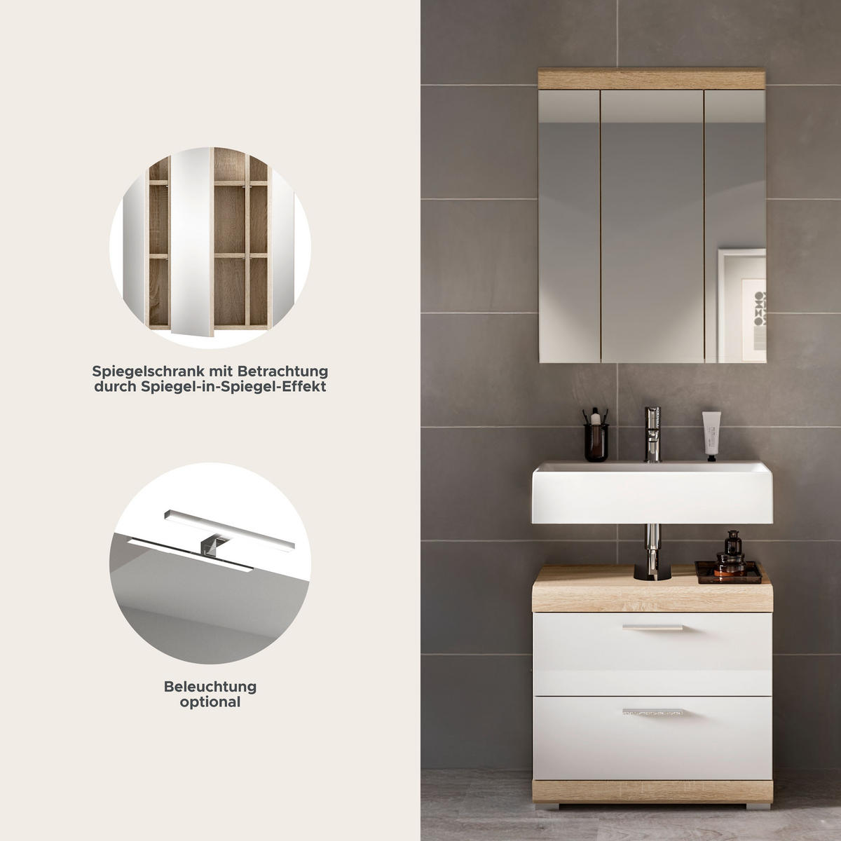 BADKOMBINATION 2tlg. Lambada Bad in Sonoma Eiche hell und weiß hochglanz B/H/T: 60x191x34 cm - Sonoma Eiche, Holz (60/191/37cm)