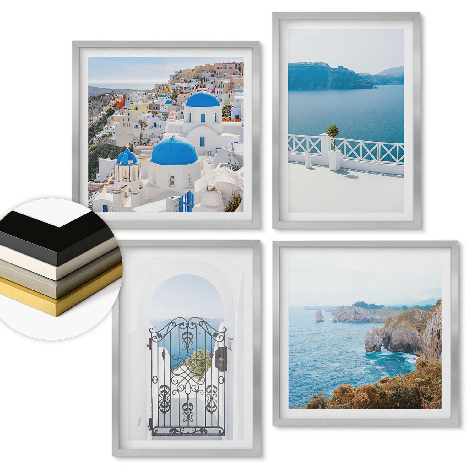 WANDBILDER 4er Set - 50x50 cm & 40x60 cm Silberner Rahmen - Meeresarchitektur Griechenlands - Silberfarben, Kunststoff (50/50cm) - ArtPrintCave