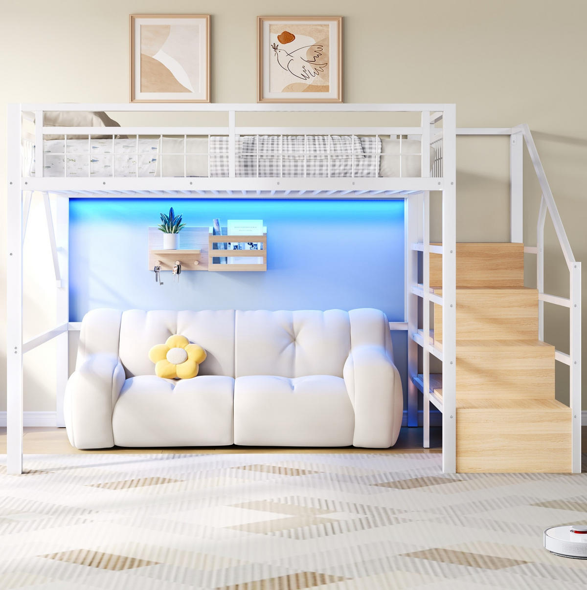 HOCHBETT 140/200 cm weiß aus Metall und MDF mit LED und Treppe mit Stauraum - Weiß, Metall (140/200cm) - OKWISH