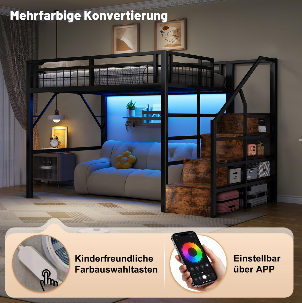 HOCHBETT 140/200 cm mit LED-Lichtleiste, Stauraumtreppe und offenem Freiraum, Schwarz - Schwarz, Metall (140/200cm) - Redom