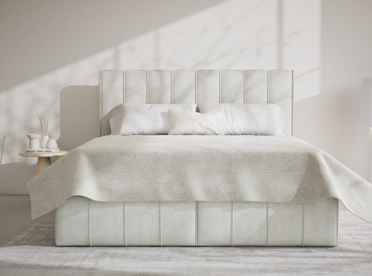 BOXBETT Moretti 140/200 cm, in Creme, Bettkasten, Matratze, Topper - Creme/Schwarz, Holz/Holzwerkstoff (140/200cm) - Maison de Reve