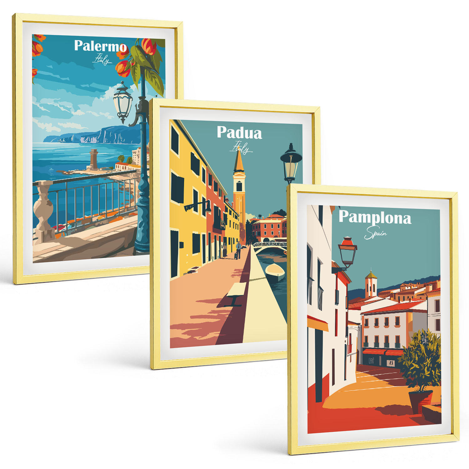 BILDER SET 3er Set - 40x60 cm Goldrahmen - Retro-Stadtillustrationen - Goldfarben, Kunststoff (40/60cm) - TULUP