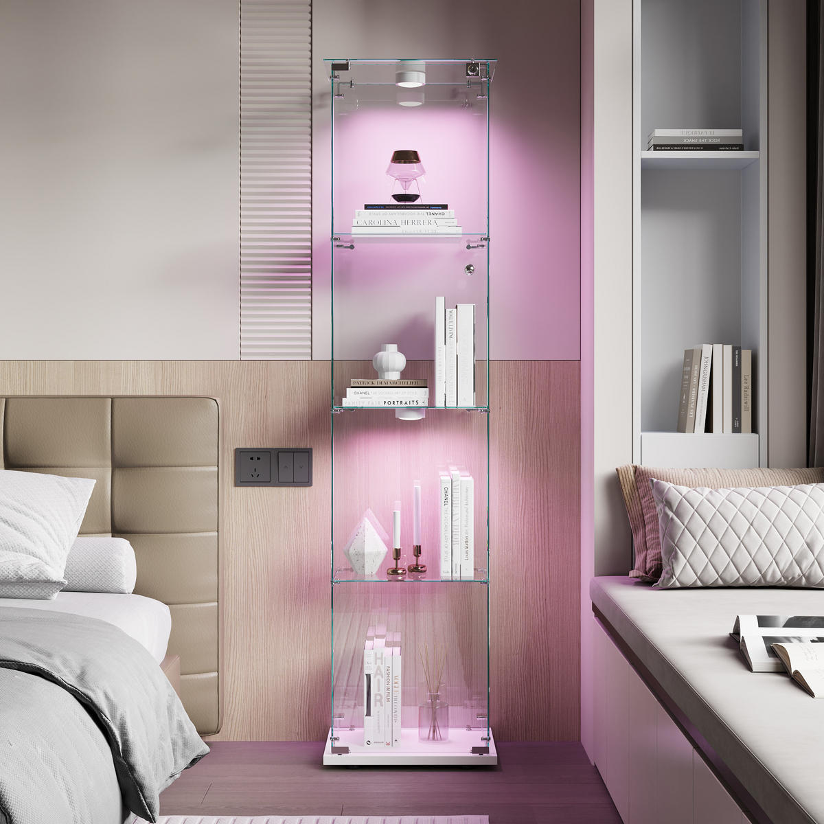 VITRINE Glas LED, 4 Regale, mit Schloss, für Wohn-, Schlaf & Esszimmer - Weiß, Holz (35/163/39.8cm)
