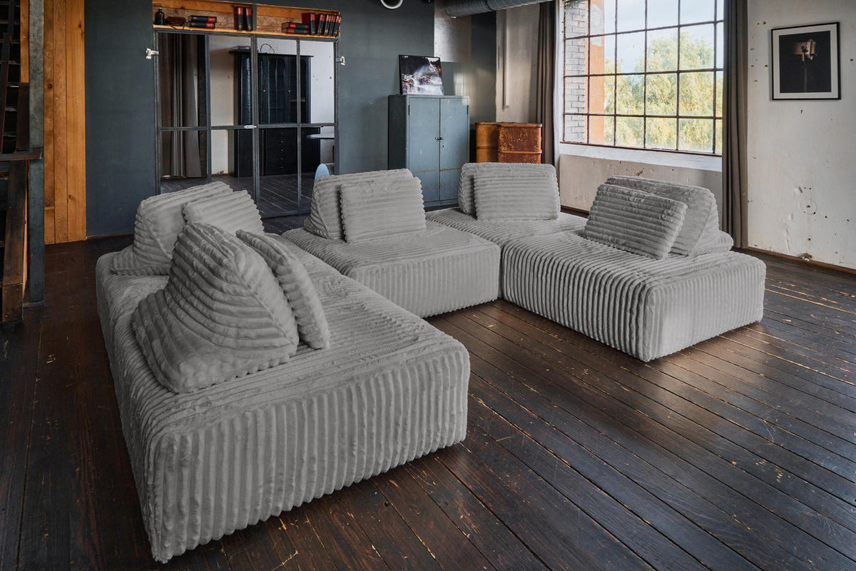 MODULSOFA WIOLO SOFT 5 MODULE 5 KISSEN Grau Cord - Schwarz/Grau, Kunststoff/Textil (333/84/222cm) - KAWOLA