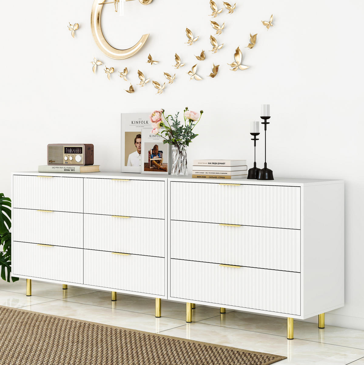 SIDEBOARD aus MDF 200x40x72 cm Weiß mit 9 Schubladen, modularer Aufstellung und goldfarbenen Metallbeinen - Weiß, Holzwerkstoff (200/72/40cm) - Modfu