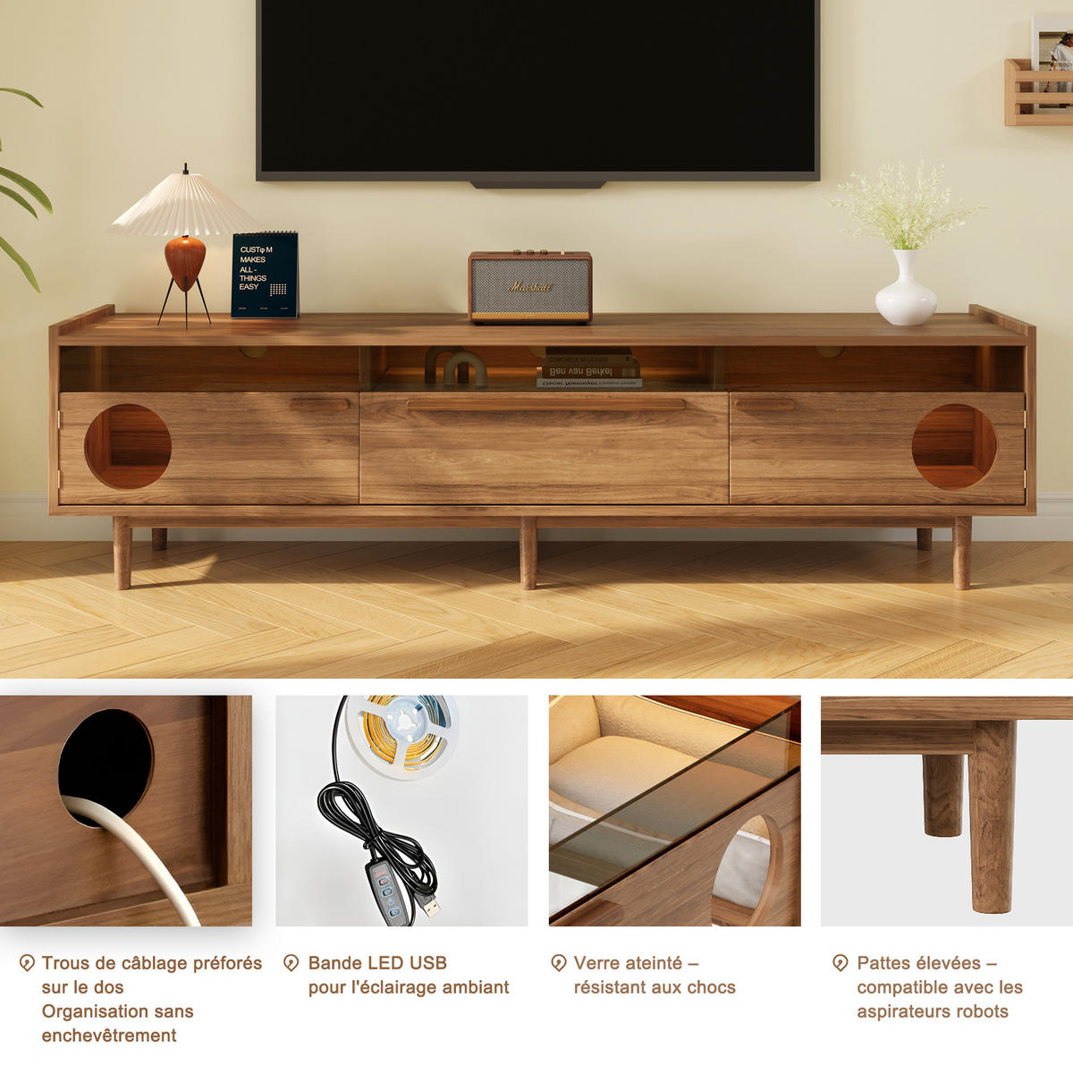 TV-ELEMENT mit Couchtisch - Kombination 2er-Set Nussbaum mit LED-Beleuchtung - Nussbaumfarben, Holzwerkstoff (180/50/40cm) - OKWISH