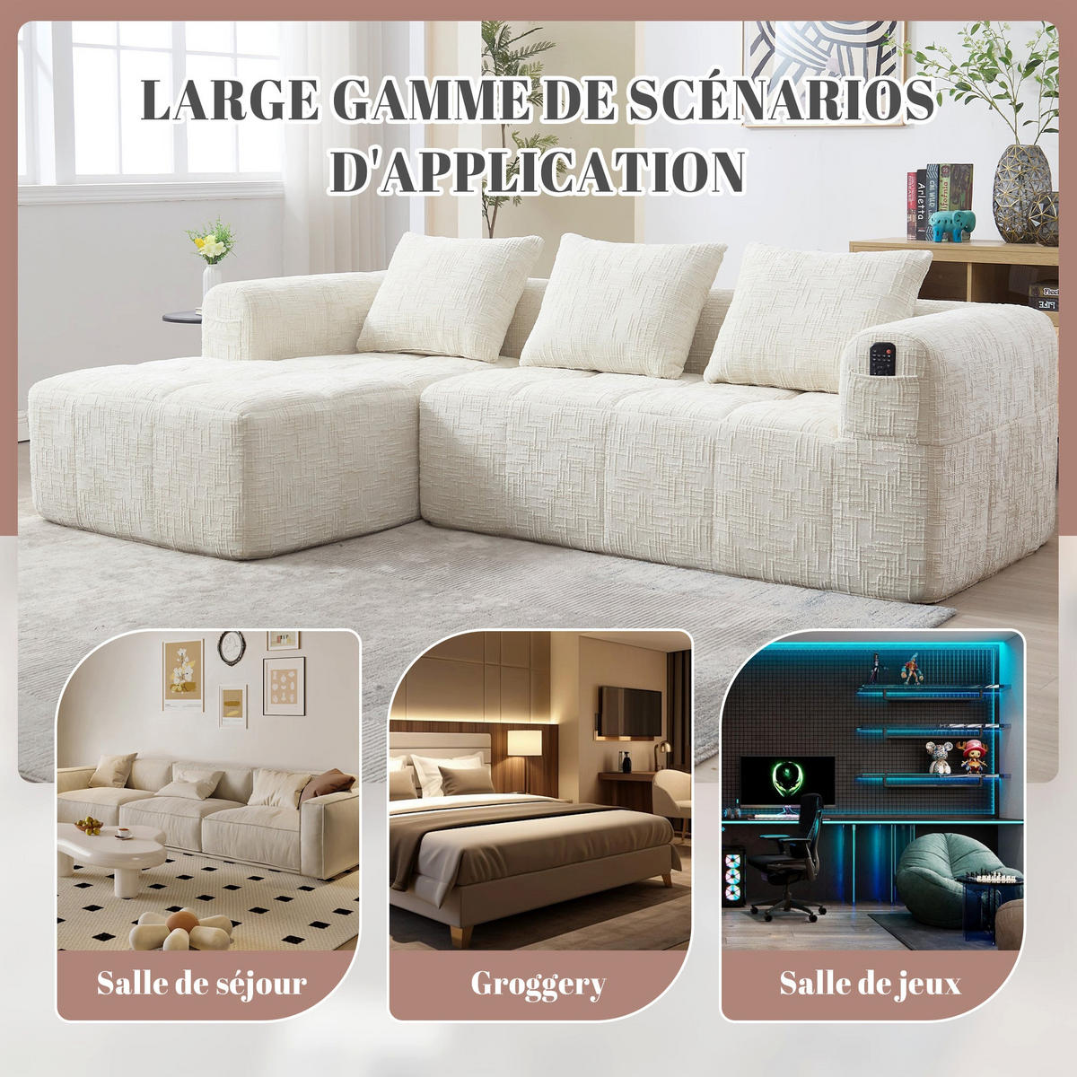 ECKSOFA 3-Sitzer mit Chaiselongue Taschen, Beige Chenille - Beige, Textil (158/250cm) - Urban Meuble