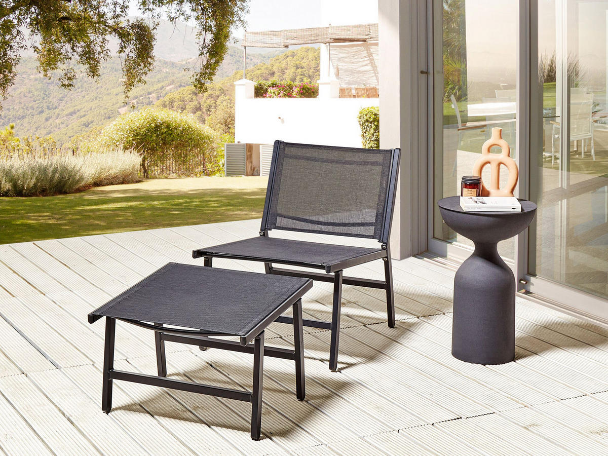 GARTENSTUHL Aluminium schwarz mit Fußhocker Marceddi - Schwarz, Textil (54/70/60cm) - Beliani