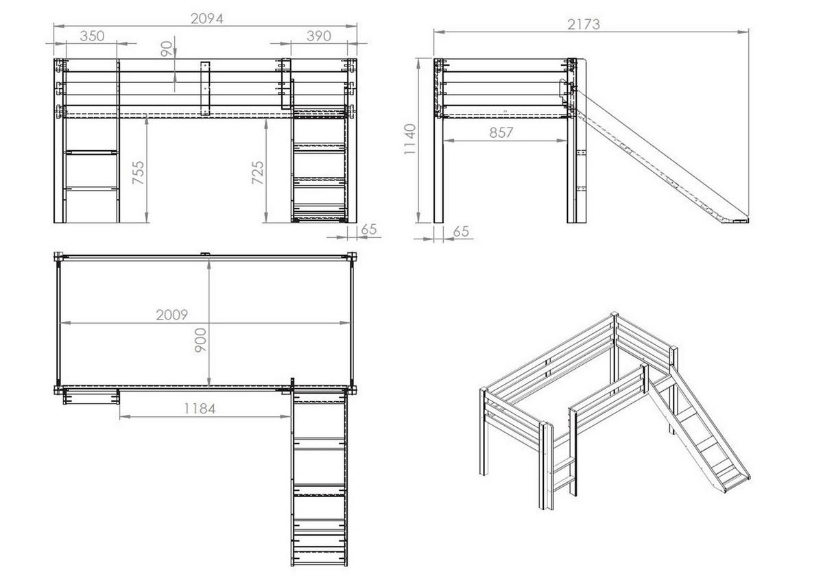 HOCHBETT mit Rutsche Karolina 210x114x218 aus Massivholz in Weiß - Weiß, Holz (90/200cm) - 58aufmkessel