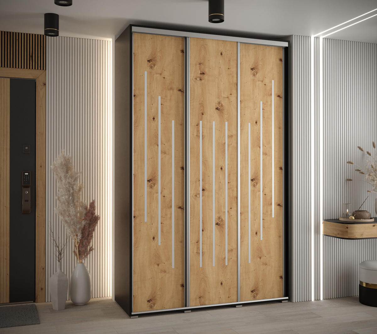 SCHWEBETÜRENSCHRANK 235,2/150/60 3-türig - Silberfarben/Schwarz, Holz/Metall (150/235/60cm) - Abiks Möbel