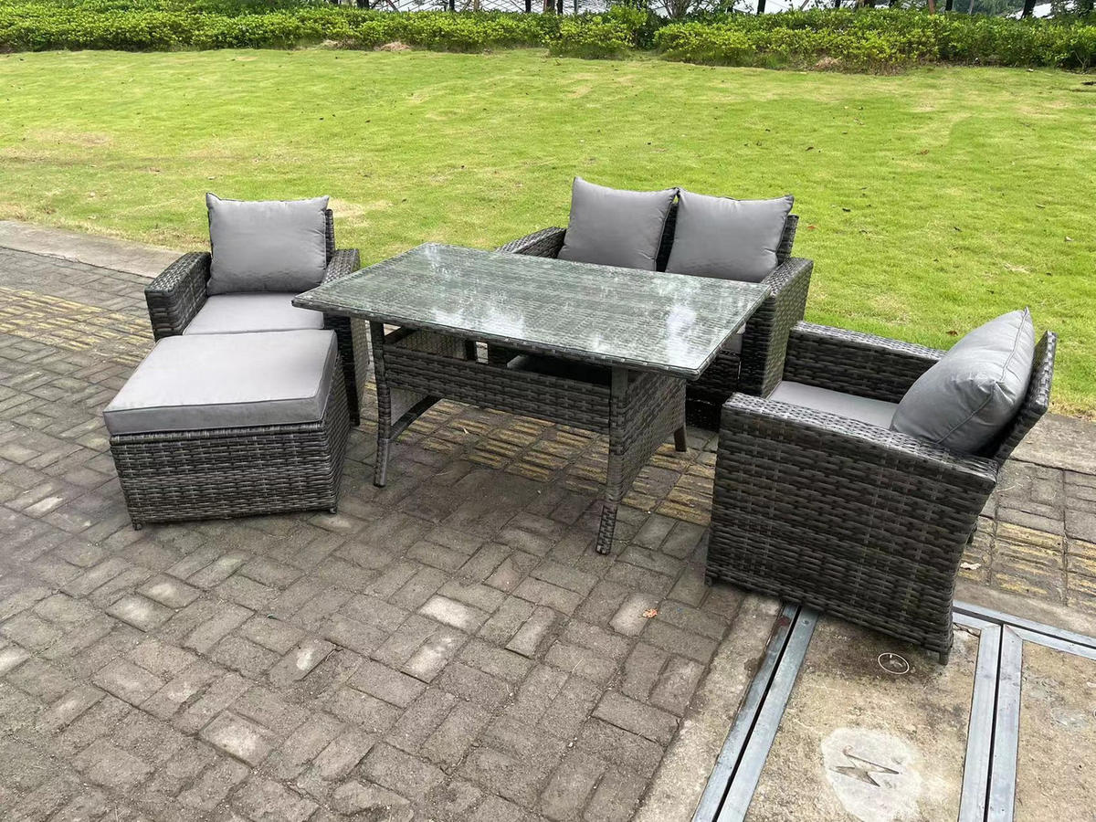 GARTENMÖBELGARNITUR Polyrattan Dunkelgrau 5-Sitzer - Dunkelgrau/Grau, Glas/Kunststoff - Fimous