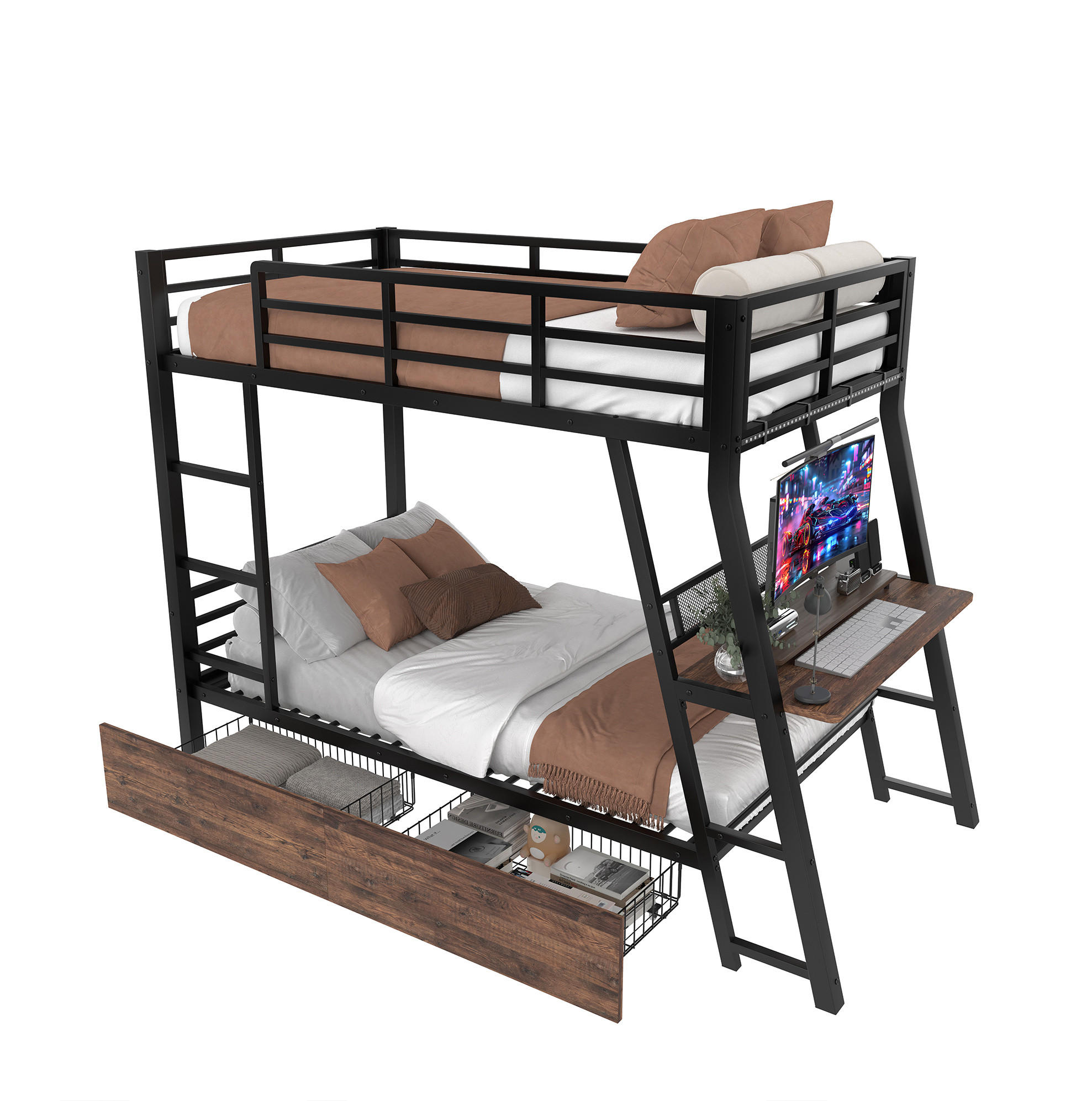 HOCHBETT 90/200 cm schwarz aus Metall mit Schreibtisch und LED - Schwarz, Metall (90/200cm) - OKWISH