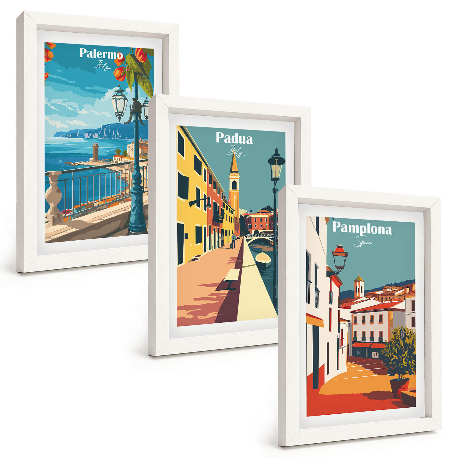 BILDER SET 3er Set - 20x30 cm Weißer Rahmen - Retro-Stadtillustrationen - Weiß, Kunststoff (20/30cm) - TULUP